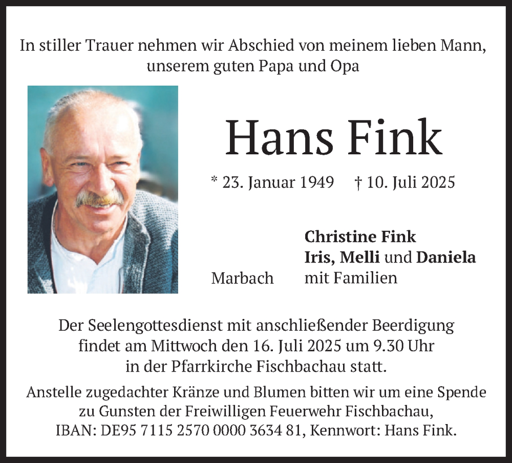  Traueranzeige für Hans Fink vom 15.07.2025 aus merkurtz