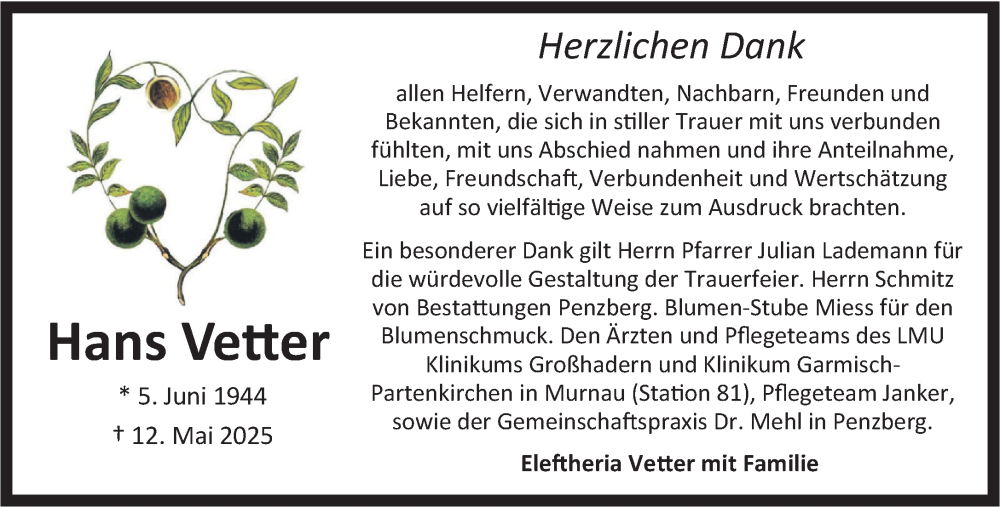  Traueranzeige für Hans Vetter vom 12.07.2025 aus Das Gelbe Blatt Penzberg