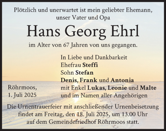 Traueranzeige von Hans Georg Ehrl von merkurtz