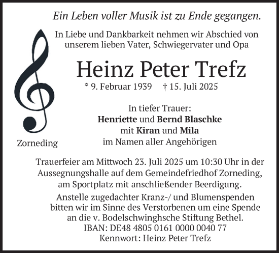 Traueranzeige von Heinz Peter Trefz von merkurtz