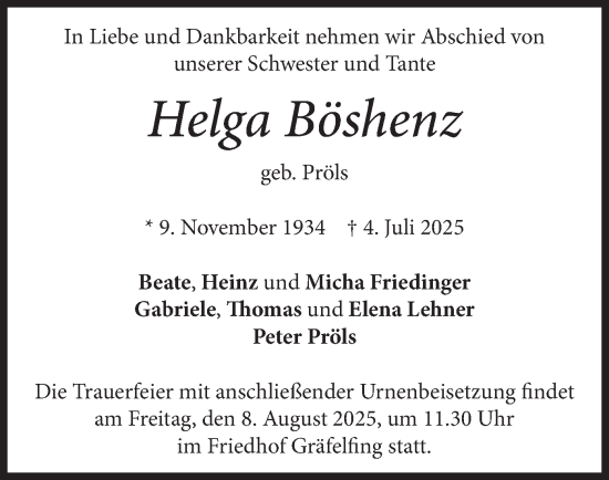 Traueranzeige von Helga Böshenz von merkurtz