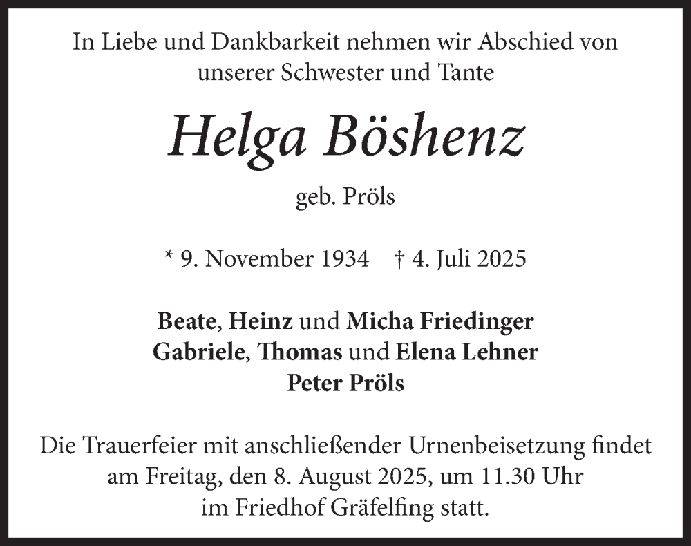  Traueranzeige für Helga Böshenz vom 26.07.2025 aus merkurtz
