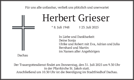 Traueranzeige von Herbert Grieser von merkurtz