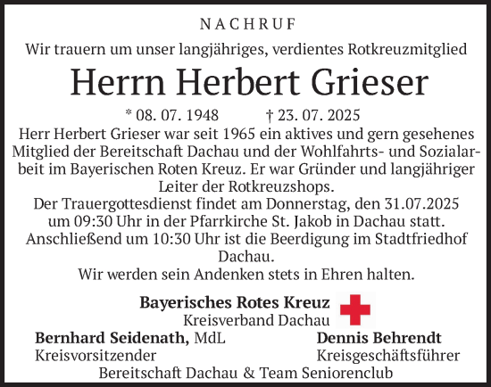 Traueranzeige von Herbert Grieser von merkurtz