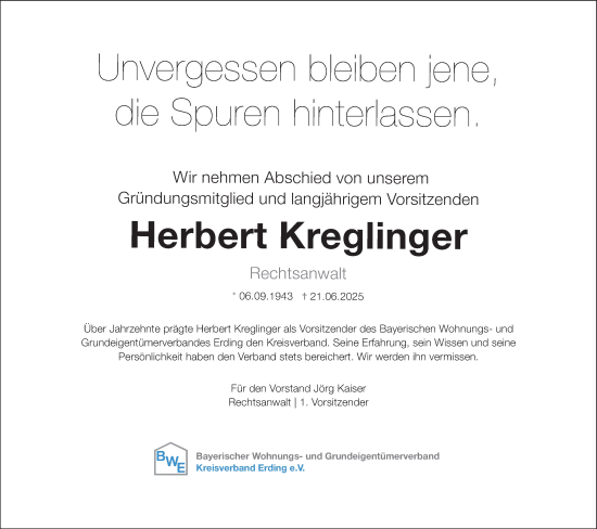 Traueranzeige von Herbert Kreglinger von merkurtz