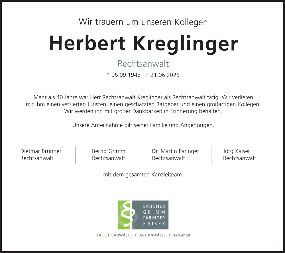  Traueranzeige für Herbert Kreglinger vom 03.07.2025 aus merkurtz