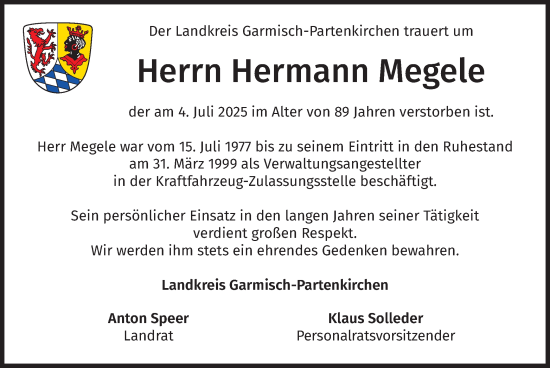 Traueranzeige von Hermann Megele von merkurtz