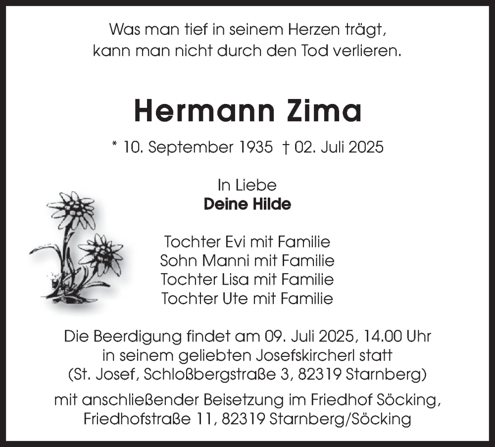  Traueranzeige für Hermann Zima vom 05.07.2025 aus merkurtz