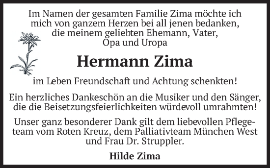 Traueranzeige von Hermann Zima von merkurtz