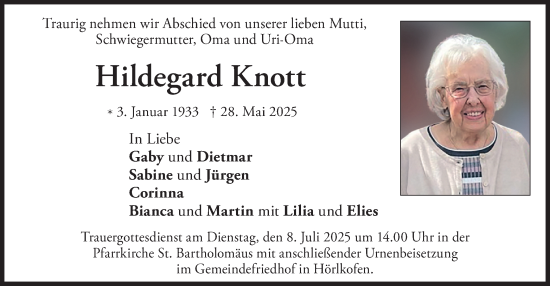 Traueranzeige von Hildegard Knott von merkurtz