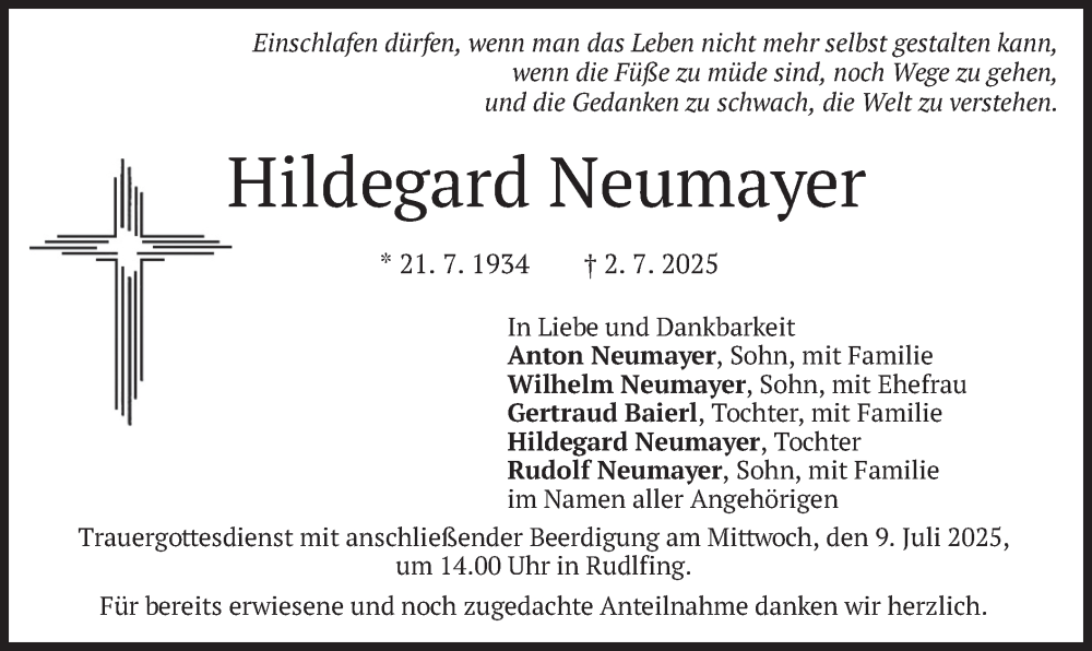 Traueranzeige für Hildegard Neumayer vom 05.07.2025 aus merkurtz