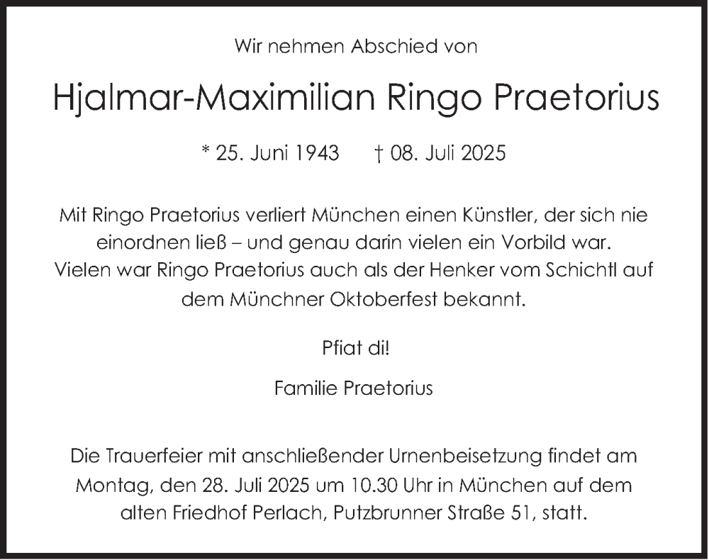  Traueranzeige für Hjalmar-Maximilian Ringo Praetorius vom 12.07.2025 aus merkurtz