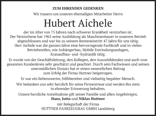 Traueranzeige von Hubert Aichele von merkurtz