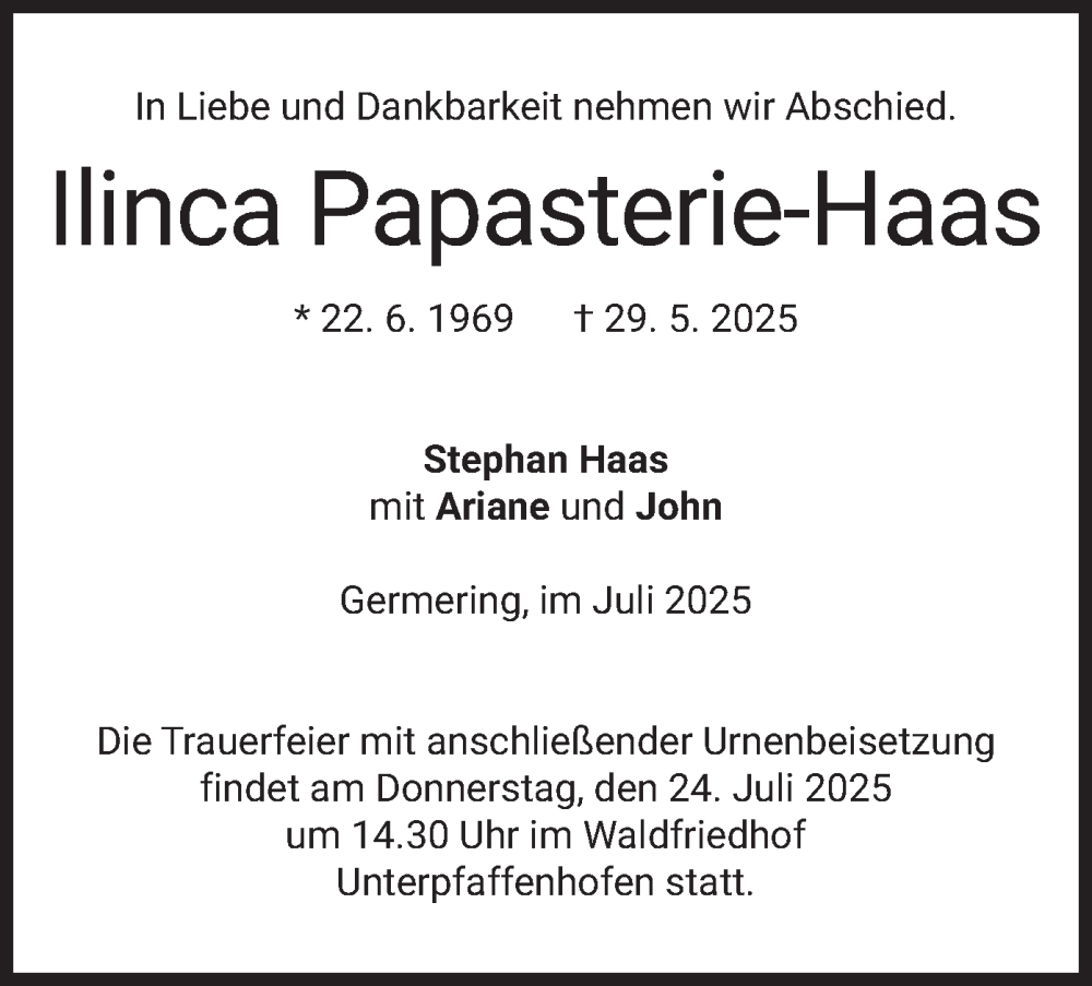 Traueranzeige für Ilinca Papasterie-Haas vom 19.07.2025 aus merkurtz