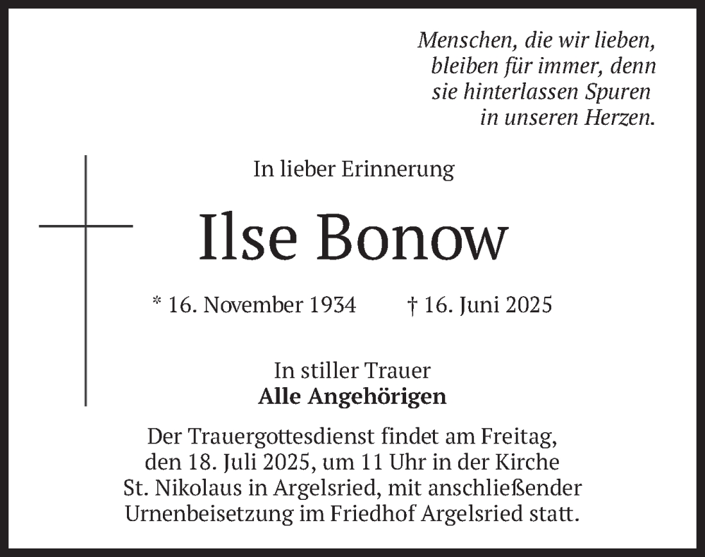 Traueranzeige für Ilse Bonow vom 11.07.2025 aus merkurtz