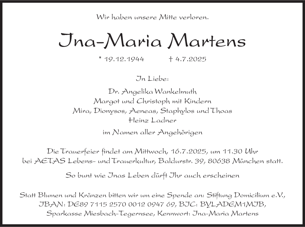  Traueranzeige für Ina-Maria Martens vom 12.07.2025 aus merkurtz