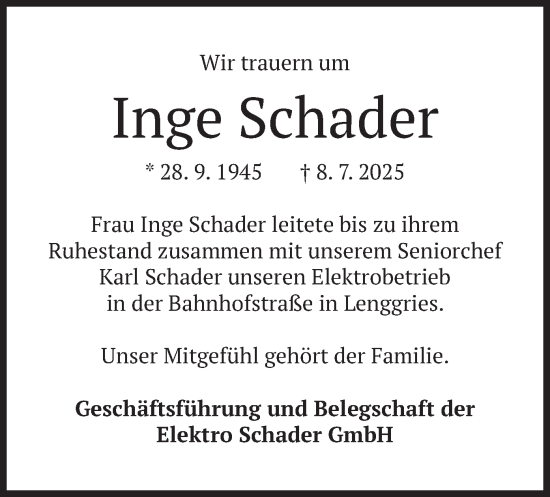 Traueranzeige von Inge Schader von merkurtz