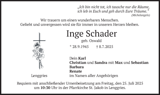 Traueranzeige von Inge Schader von merkurtz