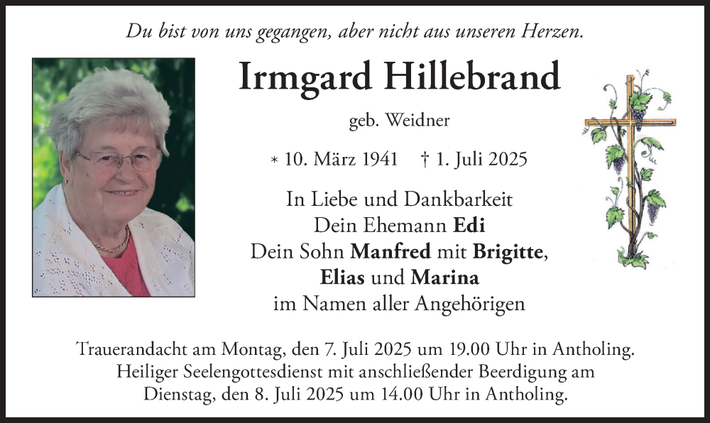  Traueranzeige für Irmgard Hillebrand vom 05.07.2025 aus merkurtz