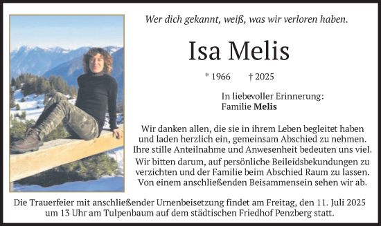 Traueranzeige von Isa Melis von merkurtz