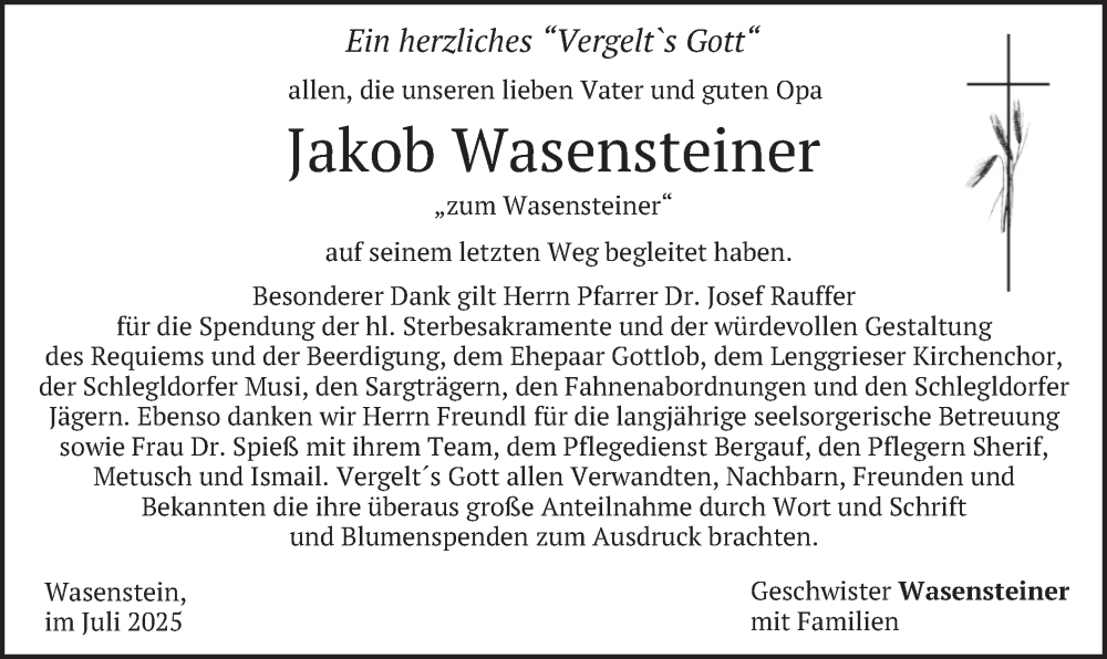  Traueranzeige für Jakob Wasensteiner vom 19.07.2025 aus merkurtz