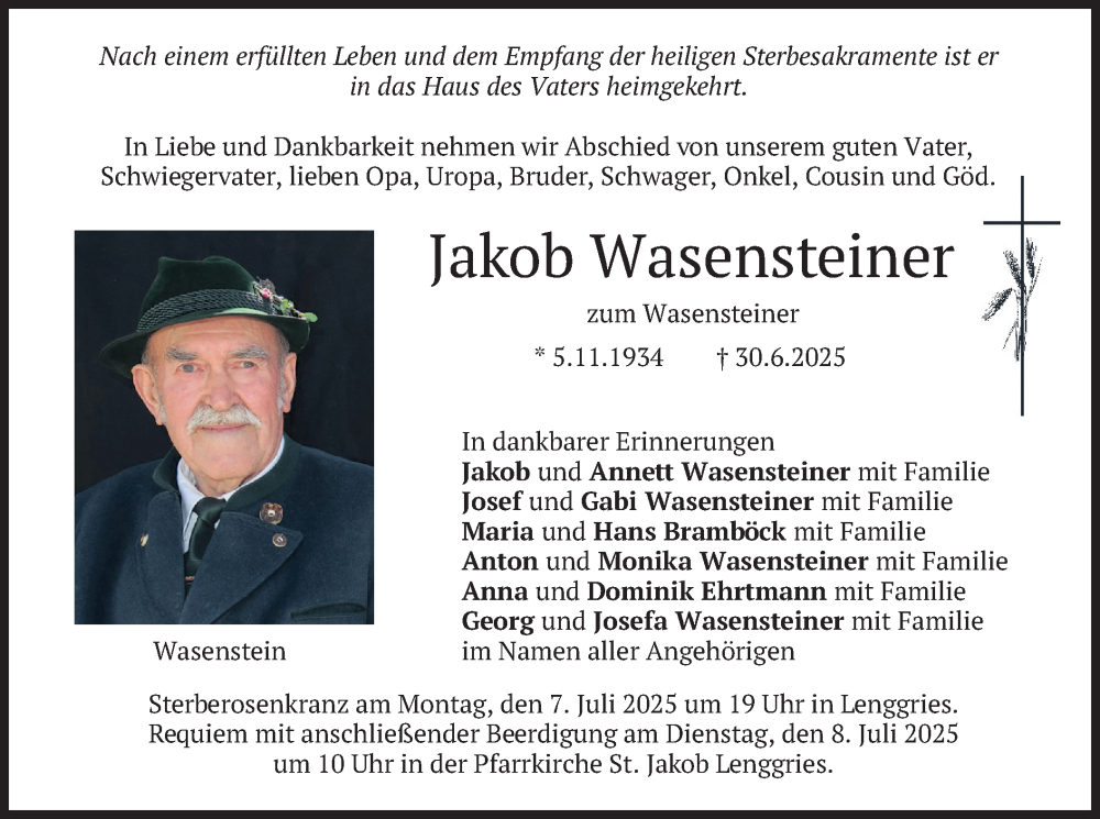  Traueranzeige für Jakob Wasensteiner vom 05.07.2025 aus merkurtz