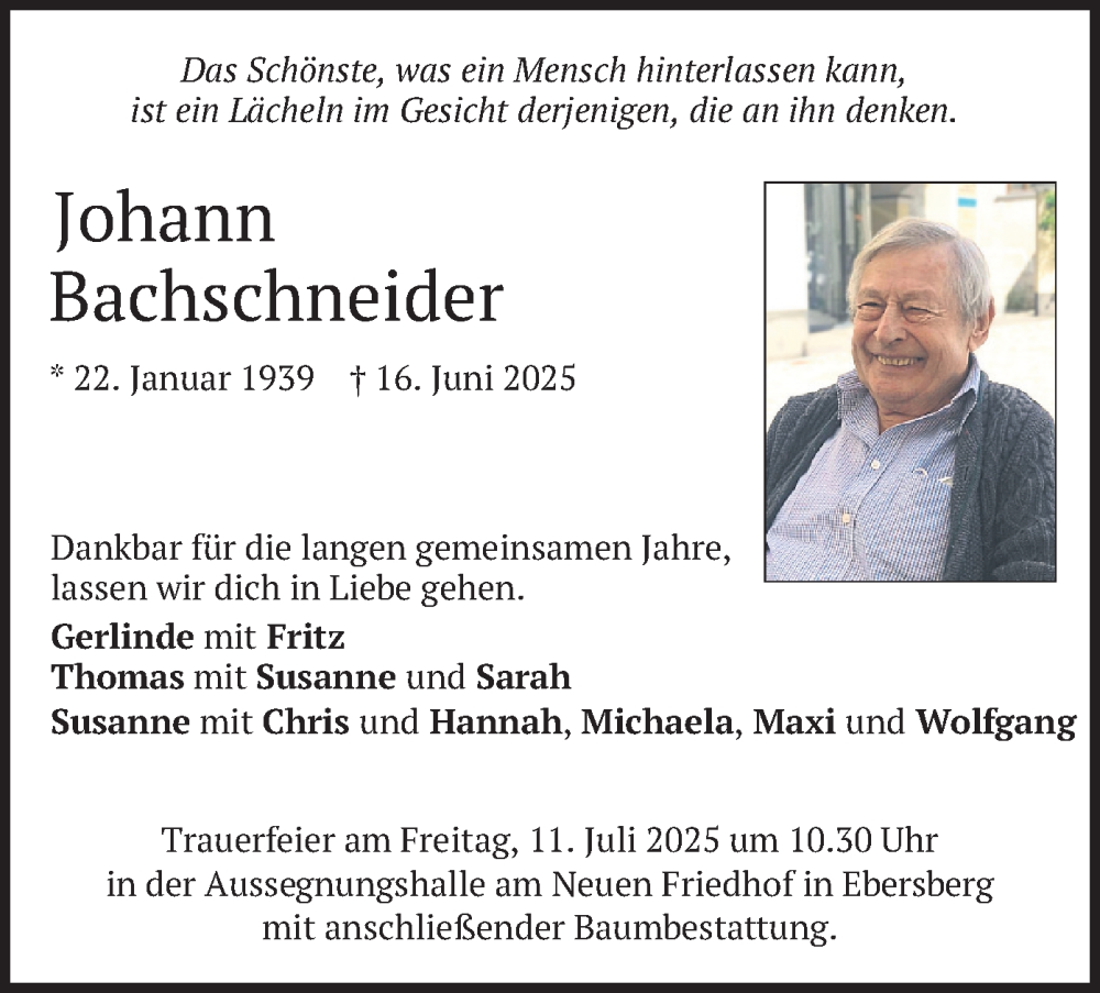  Traueranzeige für Johann Bachschneider vom 05.07.2025 aus merkurtz