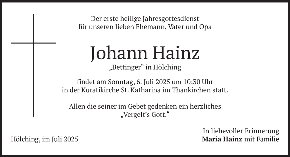  Traueranzeige für Johann Hainz vom 03.07.2025 aus merkurtz