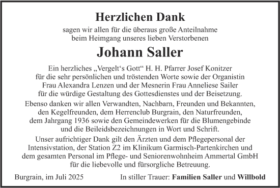 Traueranzeige von Johann Saller von merkurtz