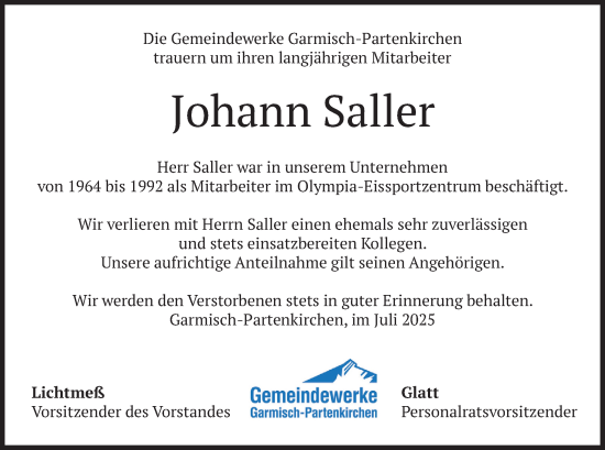 Traueranzeige von Johann Saller von merkurtz