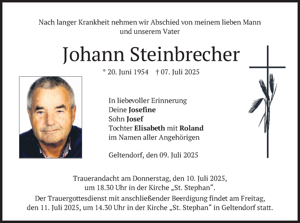  Traueranzeige für Johann Steinbrecher vom 09.07.2025 aus merkurtz