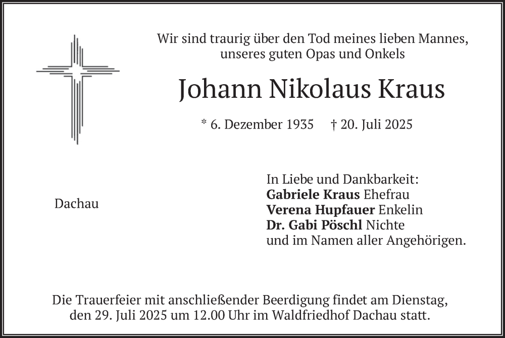  Traueranzeige für Johann Nikolaus Kraus vom 26.07.2025 aus merkurtz