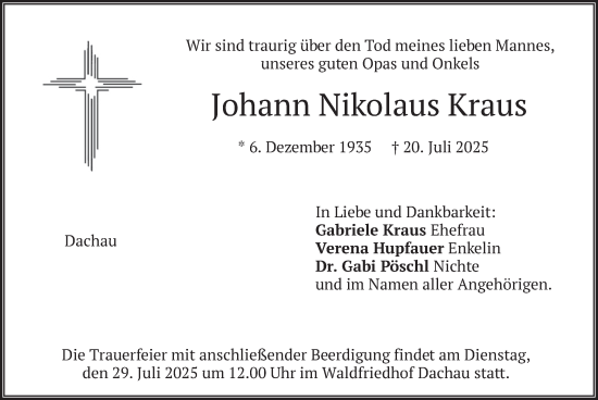 Traueranzeige von Johann Nikolaus Kraus von merkurtz