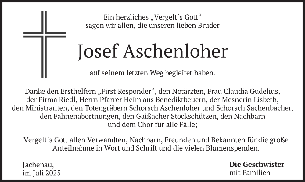  Traueranzeige für Josef Aschenloher vom 05.07.2025 aus merkurtz