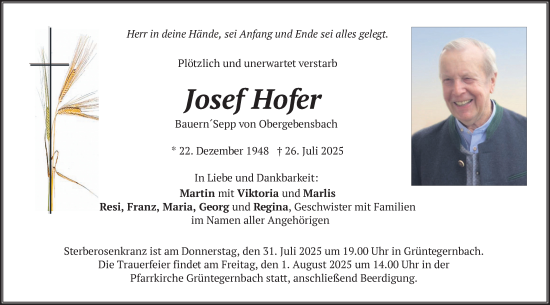 Traueranzeige von Josef Hofer von merkurtz