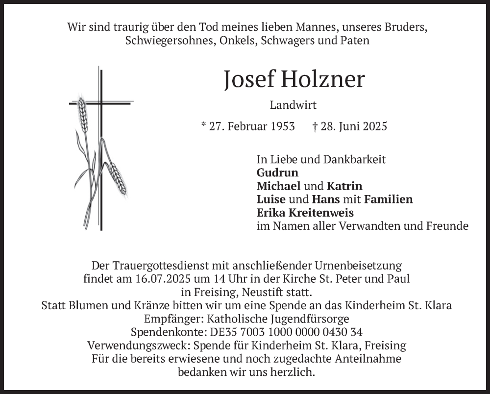  Traueranzeige für Josef Holzner vom 12.07.2025 aus merkurtz