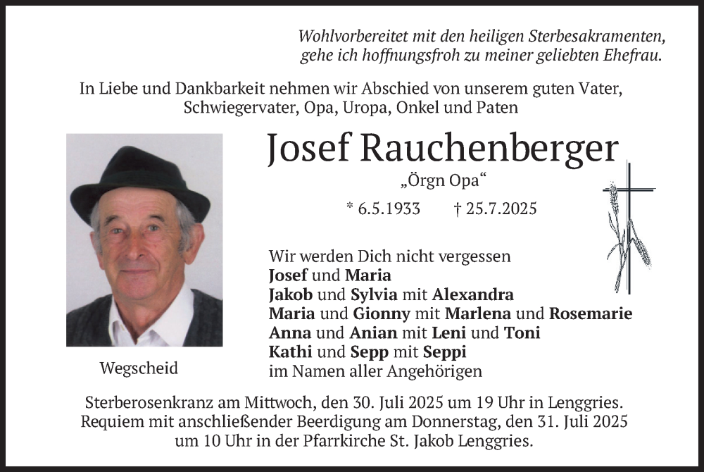  Traueranzeige für Josef Rauchenberger vom 29.07.2025 aus merkurtz