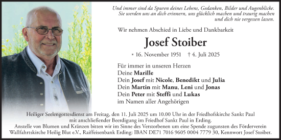 Traueranzeige von Josef Stoiber von merkurtz