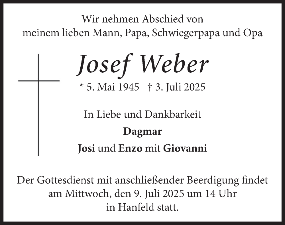  Traueranzeige für Josef Weber vom 08.07.2025 aus merkurtz