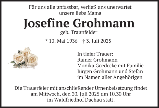Traueranzeige von Josefine Grohmann von merkurtz