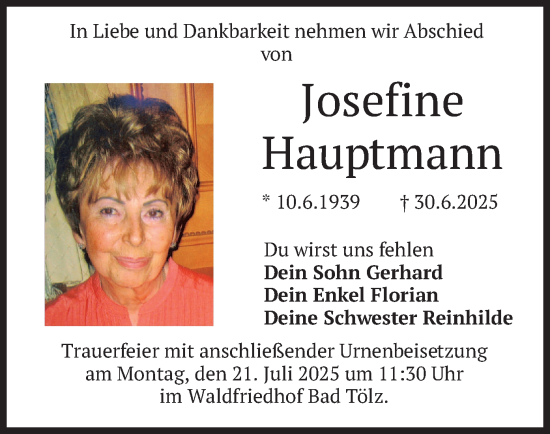 Traueranzeige von Josefine Hauptmann von merkurtz