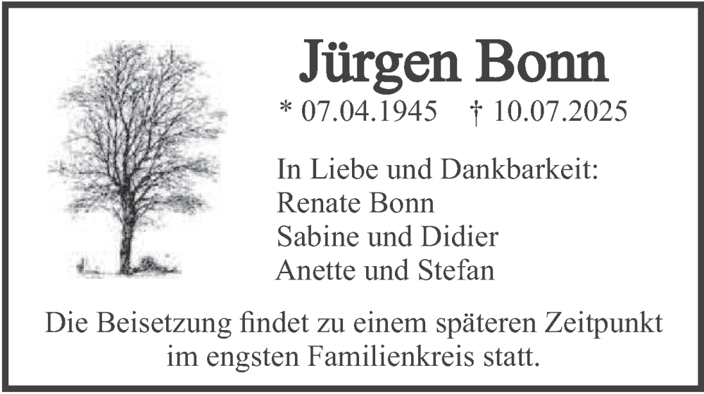  Traueranzeige für Jürgen Bonn vom 19.07.2025 aus merkurtz