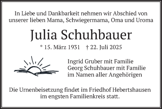 Traueranzeige von Julia Schuhbauer von merkurtz