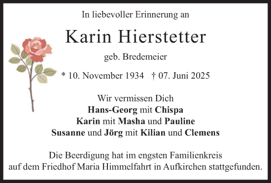 Traueranzeige von Karin Hierstetter von merkurtz