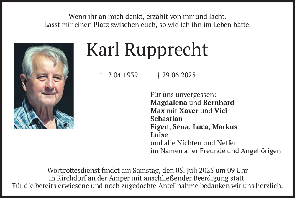  Traueranzeige für Karl Rupprecht vom 03.07.2025 aus merkurtz