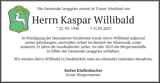 Traueranzeige von Kaspar Willibald von merkurtz
