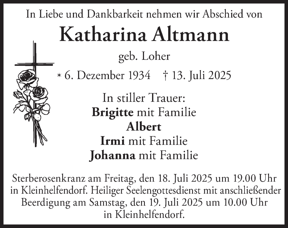  Traueranzeige für Katharina Altmann vom 16.07.2025 aus merkurtz