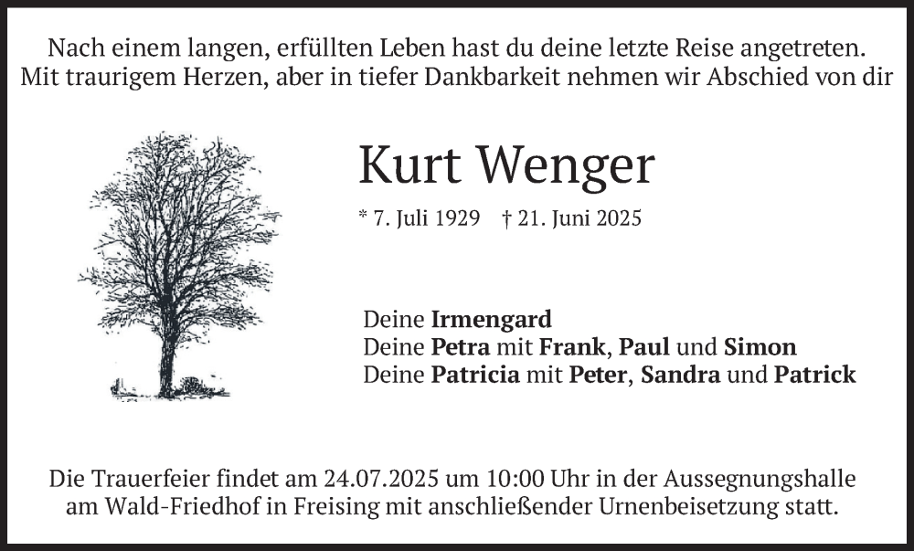  Traueranzeige für Kurt Wenger vom 19.07.2025 aus merkurtz