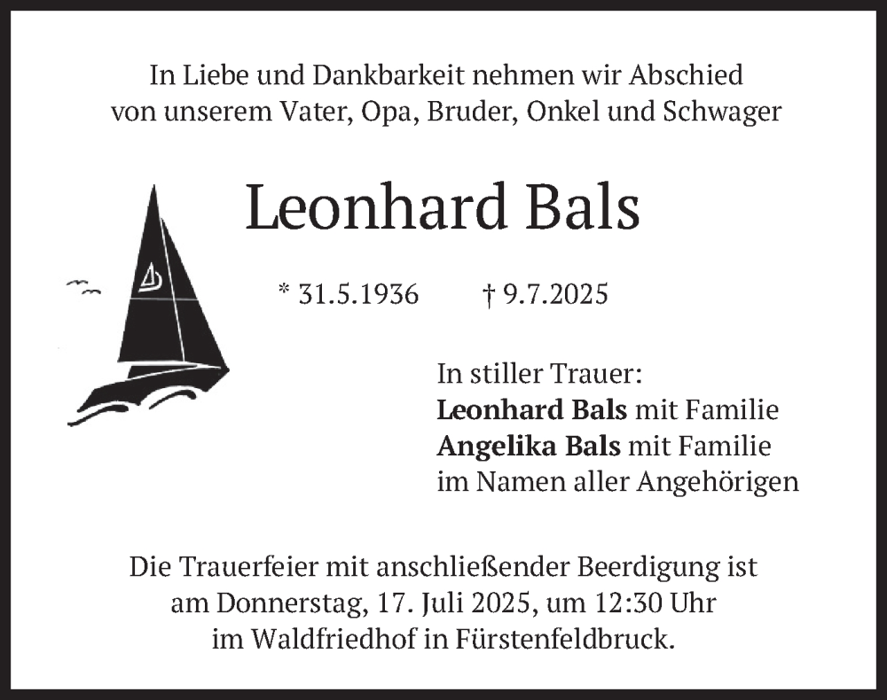 Traueranzeige für Leonhard Bals vom 12.07.2025 aus merkurtz