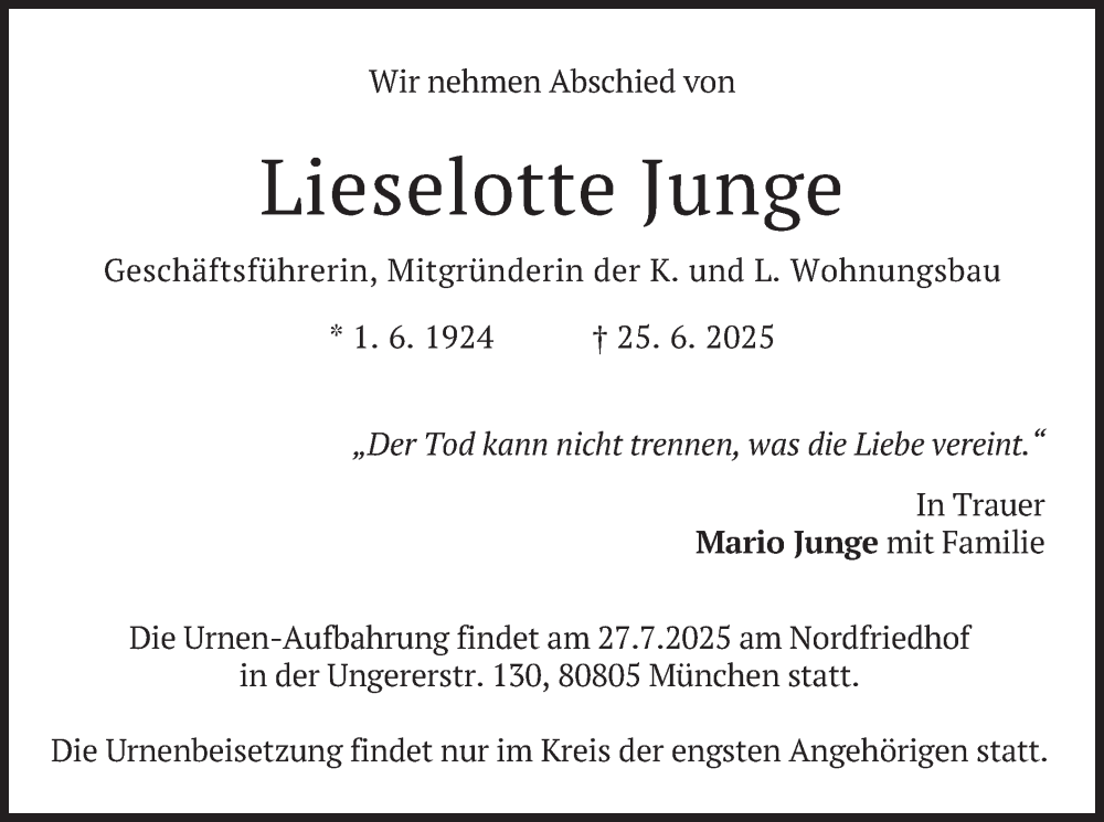  Traueranzeige für Lieselotte Junge vom 19.07.2025 aus merkurtz